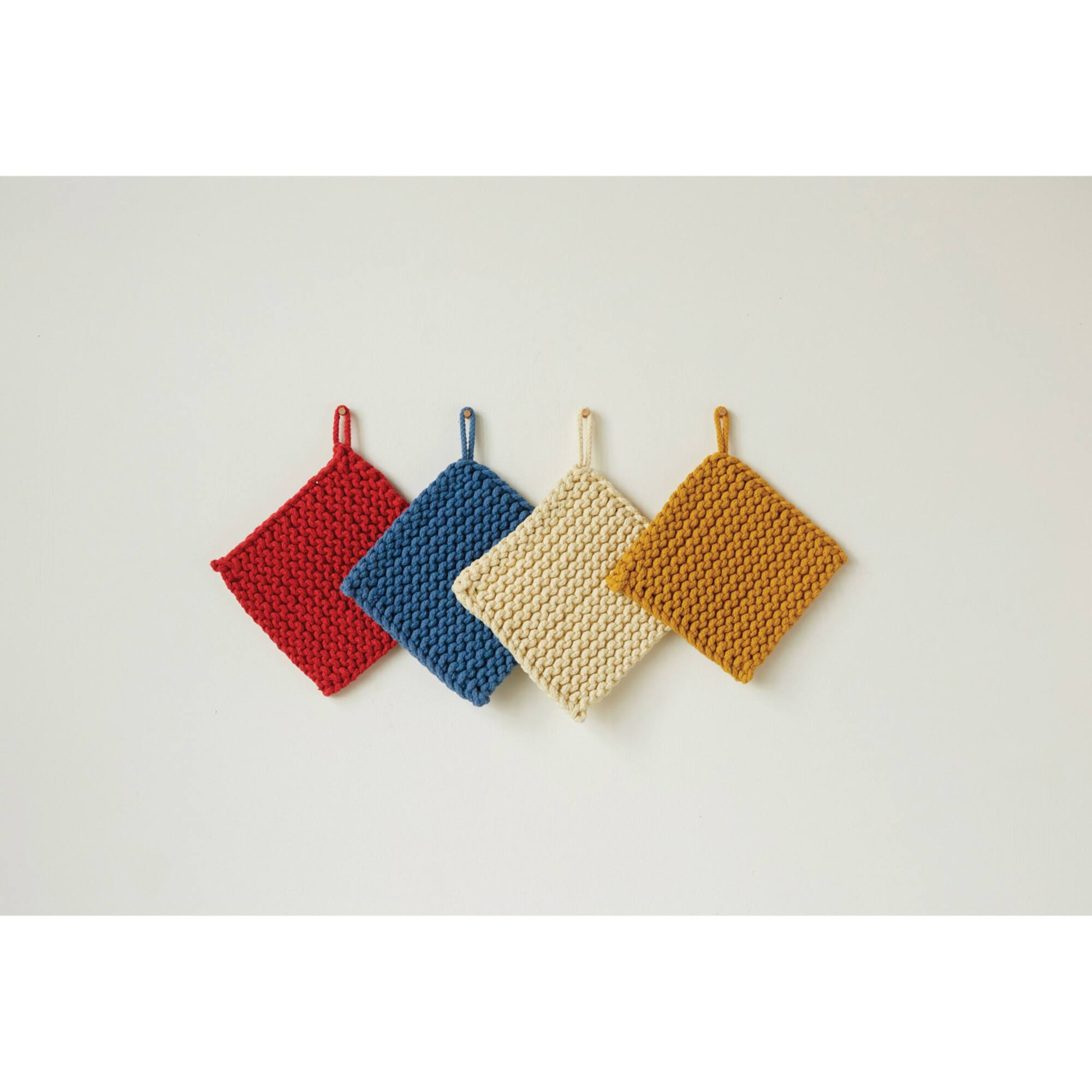 Hello Honey® 8" Red, Blue, Yellow & White Square Cotton Crocheted Pot Holder Set